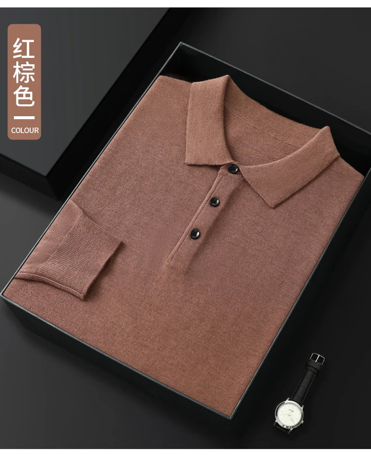 Men's Merino Wool Sweater Polo Collar Pullover Autumn Winter New Cashmere Knitwear Casual Loose Men's Shirts Tops Warm Soft