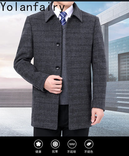 YOLANFAIRY 100% Cashmere Jacket for Men 2025 Autumn Winter Mid-length Wool Coats Man Clothing Casual Business Men's Woolen Coat