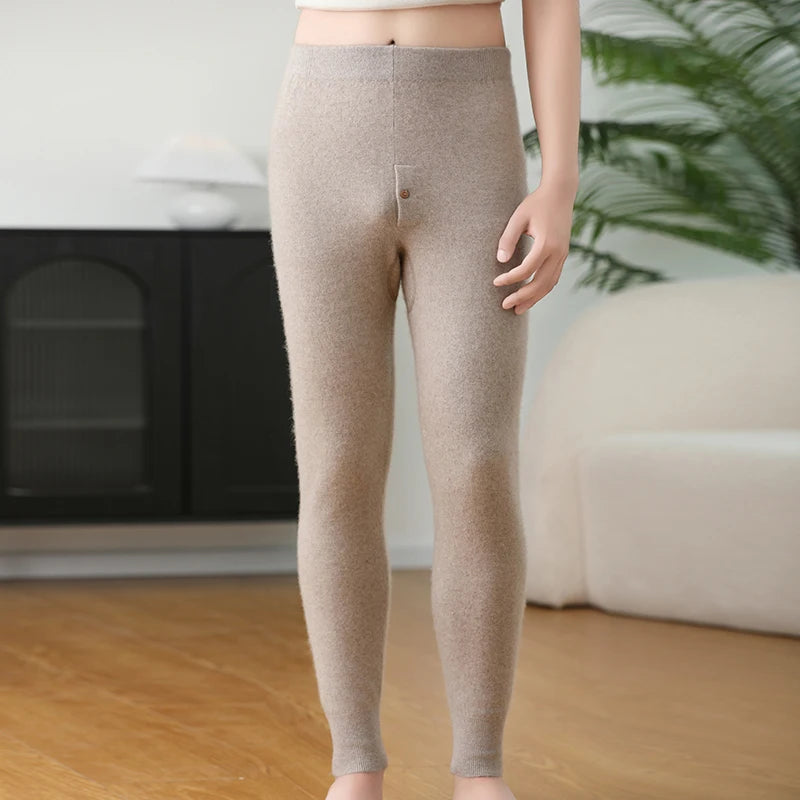 100% Cashmere Knit Leggings Men Winter Wearing Thermal Underwear High Waist Trousers Solid Thicken Elasticity Ankle-Length Pants