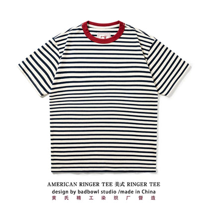 Summer new pure cotton T-shirt men's American retro contrasting shirt versatile couple short sleeved T-shirt striped base shirt
