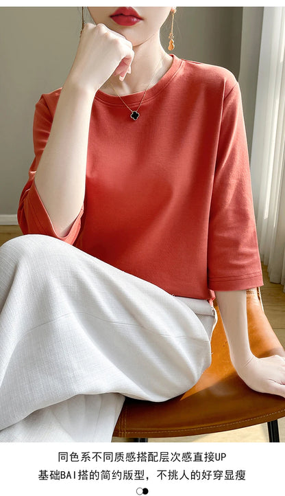 Spring And Summer New White Mercerized Cotton Short Sleeve T-Shirt Feminine Joker Cotton Cropped Sleeve Bottoming Shirt