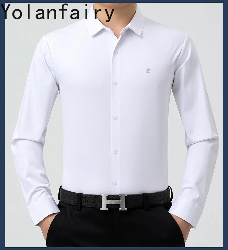 YOLANFAIRY 100% Mulberry Silk Long Sleeve Shirt Man Spring Autumn Casual Silk Mens Shirts Warm Male White Shirt chemises hommes