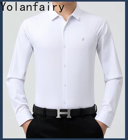 YOLANFAIRY 100% Mulberry Silk Long Sleeve Shirt Man Spring Autumn Casual Silk Mens Shirts Warm Male White Shirt chemises hommes