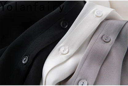 YOLANFAIRY 93% Natural Mulberry Silk Shirts Woman 2026 Stand Collar Long Sleeve Blouse Women Elegant White Shirt OL Ladies Tops