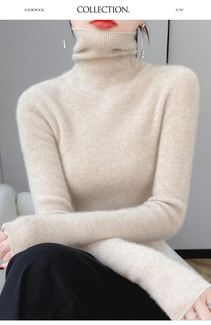 100% Merino Wool Long-sleeved Turtleneck Pullover Women's Autumn Winter Slim Sweater Basic Women's Clothes Cashmere Sweater