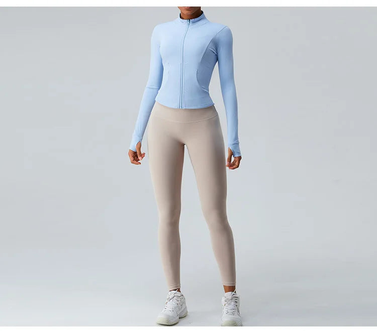Gym Shirt Women's Full Zipper Yoga Top With Thumbholes Fitness Running Jacket Stretch Fit Long Sleeve Round Neck Top Sportswear