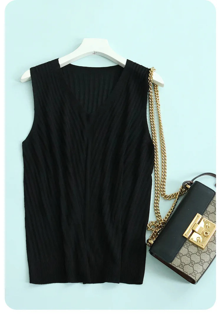 SuyaDream. Women Knitted Tanks, 45%Silk 55%Lyocell, V neck, Sleeveless Chic T Shirt, 2025 Solid Summer Vests