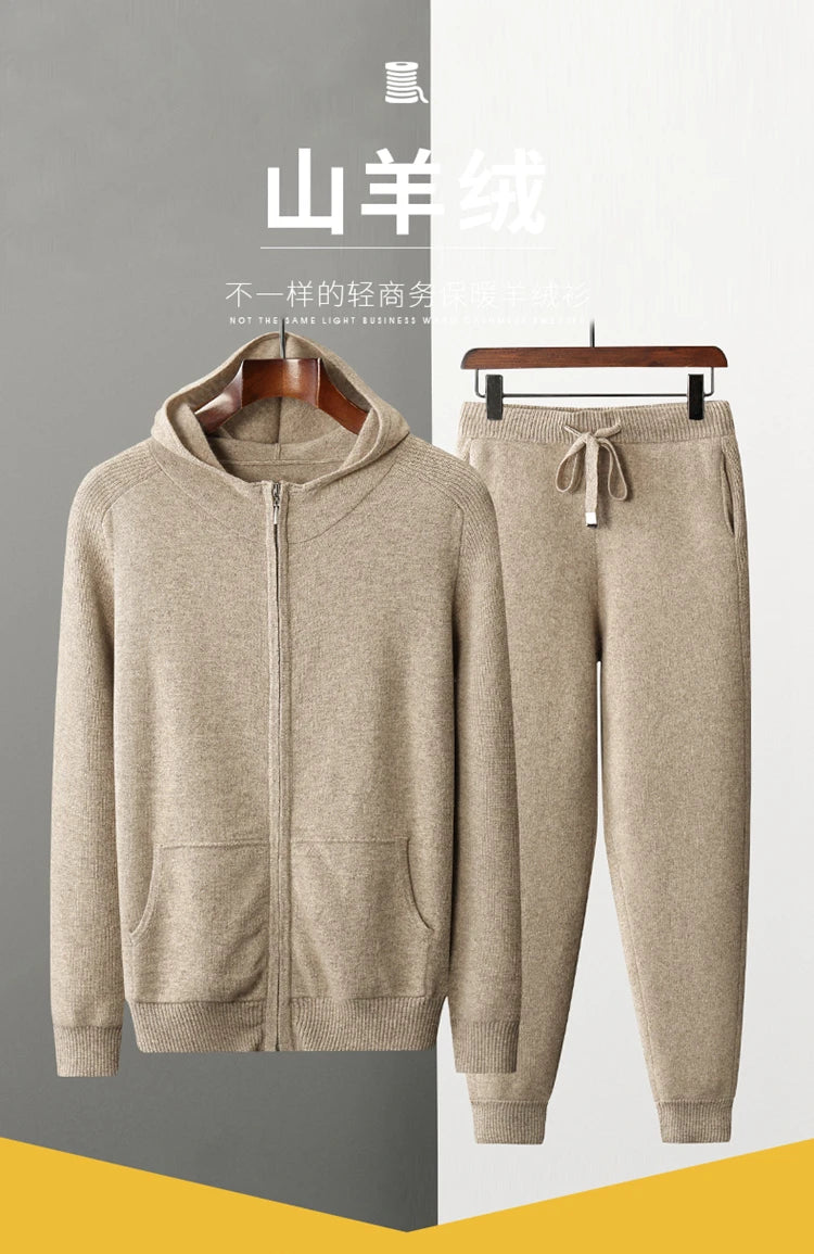 Autumn/Winter Men Sweater Suit Hooded Zipper Pullover Pants Thick Warm Casual Clothing 100% Cashmere Knitwear Trousers Tops