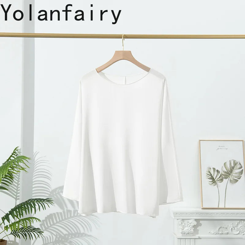 YOLANFAIRY 23MM 93% Real Mulberry Silk T Shirts for Women Summer O-neck Blouse Woman Elegant Shirt Loose OL Tops and Blouses