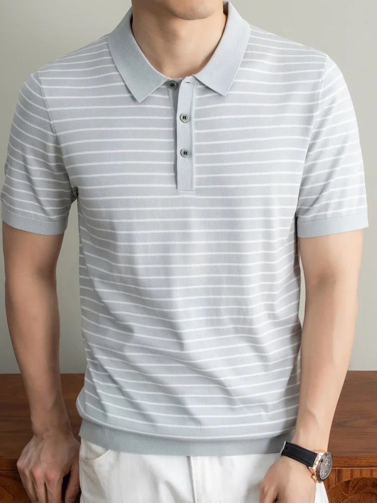 Men's Lyocell shirt summer new casual striped short sleeved T-shirt Polo collar breathable comfortable knitted pullover