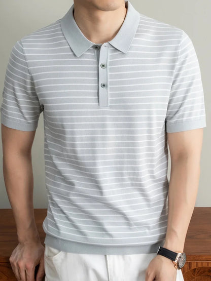 Men's Lyocell shirt summer new casual striped short sleeved T-shirt Polo collar breathable comfortable knitted pullover