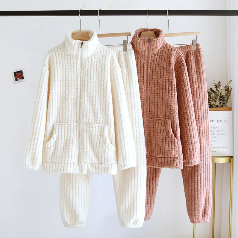 2026 New Autumn/Winter Pajama Set Couple Flannel Long Sleeve Pants Two Piece Coral Fleece Home Fur for Men and Women