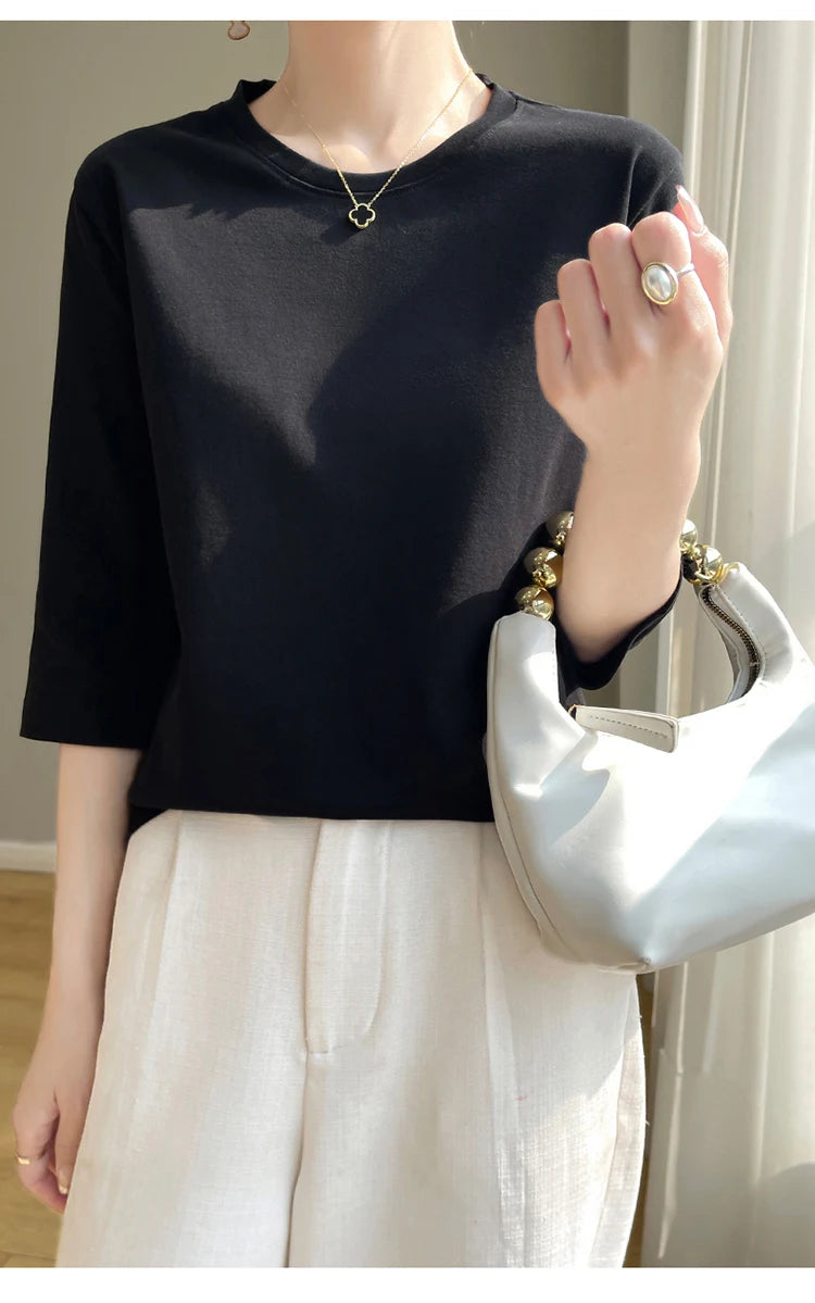 Spring And Summer New White Mercerized Cotton Short Sleeve T-Shirt Feminine Joker Cotton Cropped Sleeve Bottoming Shirt