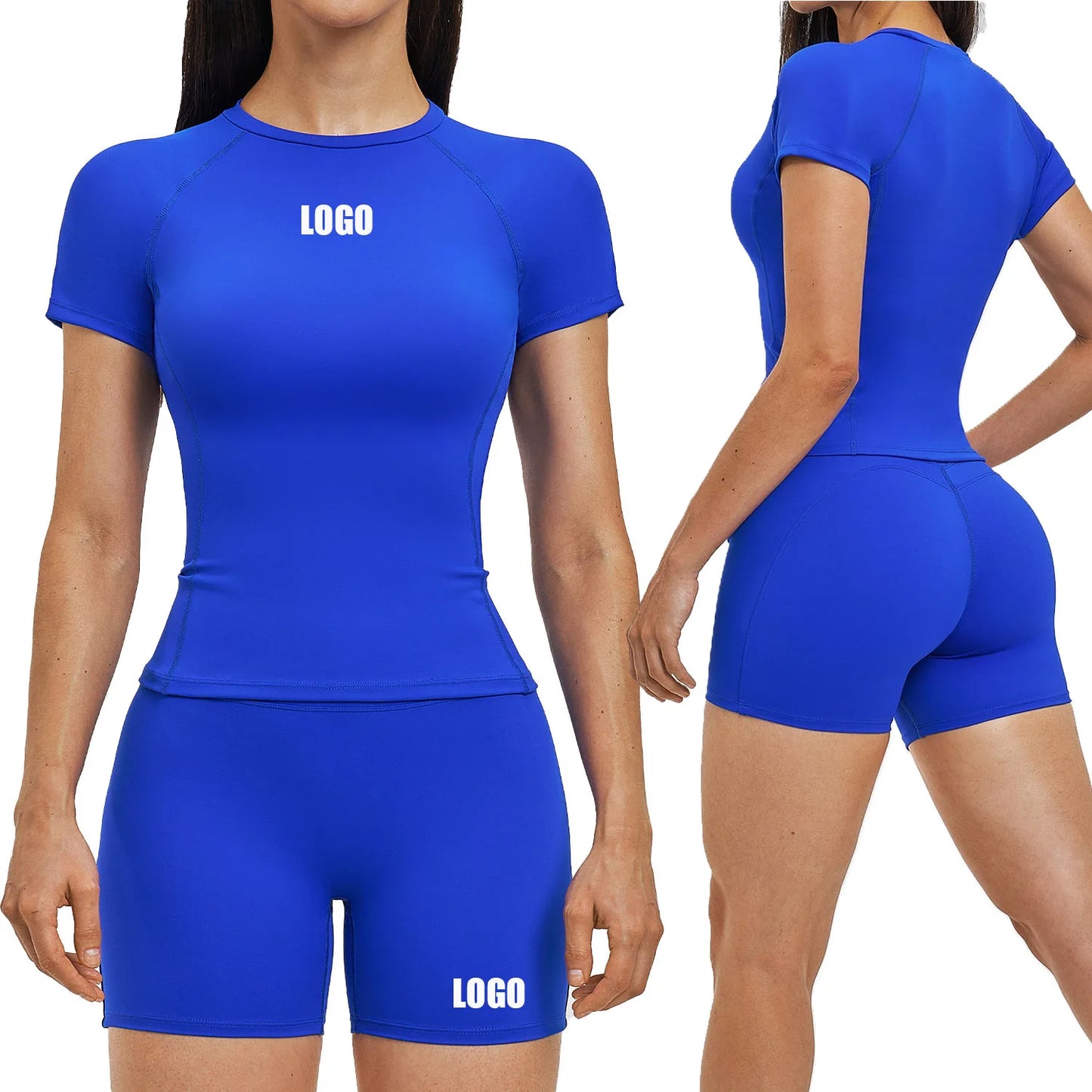 Custom LOGO women's spring and summer short-sleeved sports yoga fitness clothes shorts casual sports two-piece set