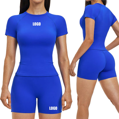 Custom LOGO women's spring and summer short-sleeved sports yoga fitness clothes shorts casual sports two-piece set