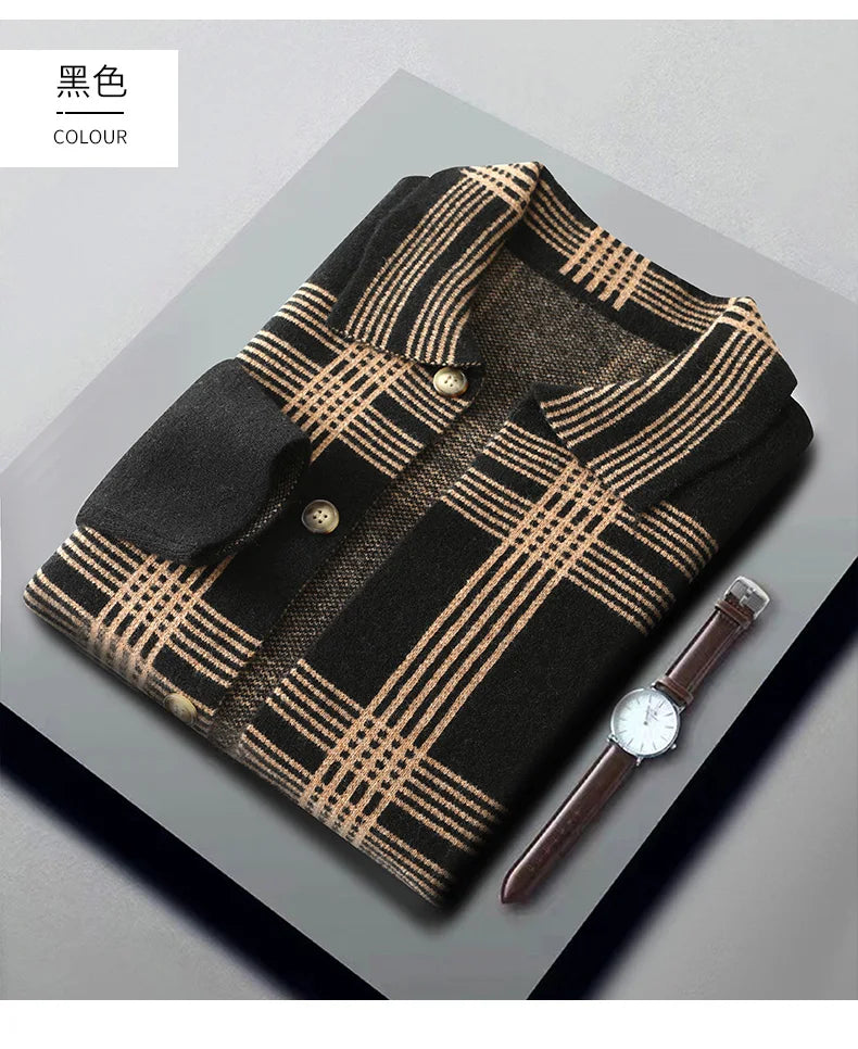 100% Merino Wool Men's Lapel Collar Knit Cardigan Coat 2025 Spring/ Autumn New POLO Neck Grid Suit Shirt Cashmere Jacket Sweater