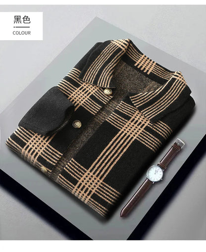 100% Merino Wool Men's Lapel Collar Knit Cardigan Coat 2025 Spring/ Autumn New POLO Neck Grid Suit Shirt Cashmere Jacket Sweater