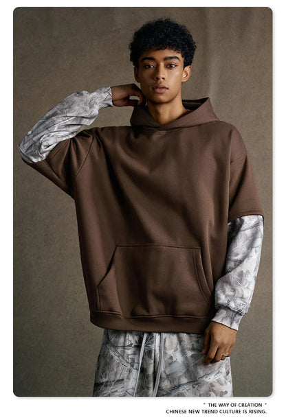 Custom LOGO Men's 2025 Autumn New 340G fleece-lined Fake Two-piece Camouflage Sweater T-Shirt Casual Pants Set