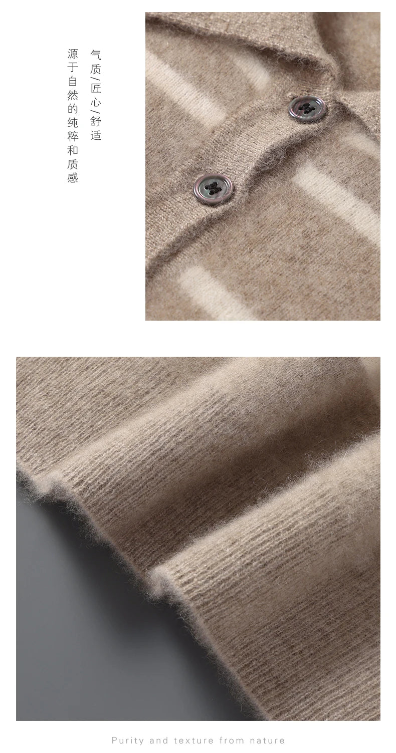 Men Leisure 100% Merino Wool Sweater Polo Collar Knit Pullover Autumn Winter Cashmere Clothing Casual Business Color Stripe Top
