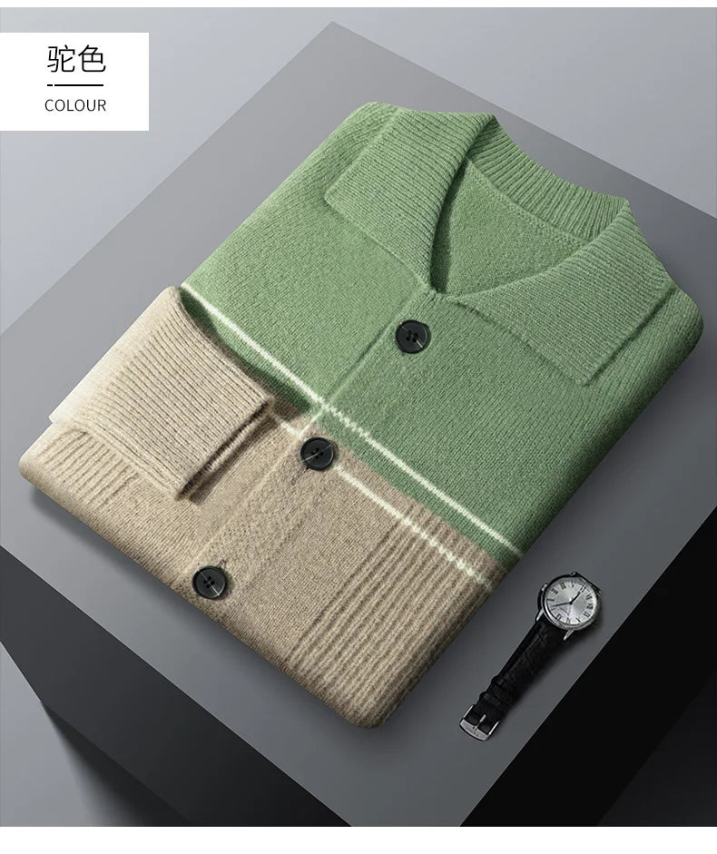 100% Merino Wool Men's Lapel Collar Knit Cardigan Coat 2025 Spring/ Autumn New POLO Neck Business Casual Cashmere Jacket Sweater
