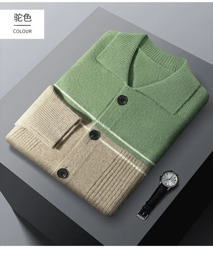 100% Merino Wool Men's Lapel Collar Knit Cardigan Coat 2025 Spring/ Autumn New POLO Neck Business Casual Cashmere Jacket Sweater