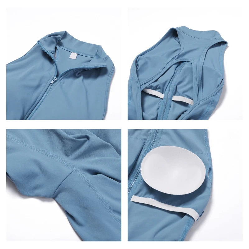 Summer V Back One-piece Suit Women Sports Jumpsuit Zippers Yoga Rompers Backless Sportswear Women Sleeveles Workout Bodysuits