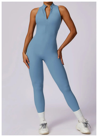 Summer V Back One-piece Suit Women Sports Jumpsuit Zippers Yoga Rompers Backless Sportswear Women Sleeveles Workout Bodysuits