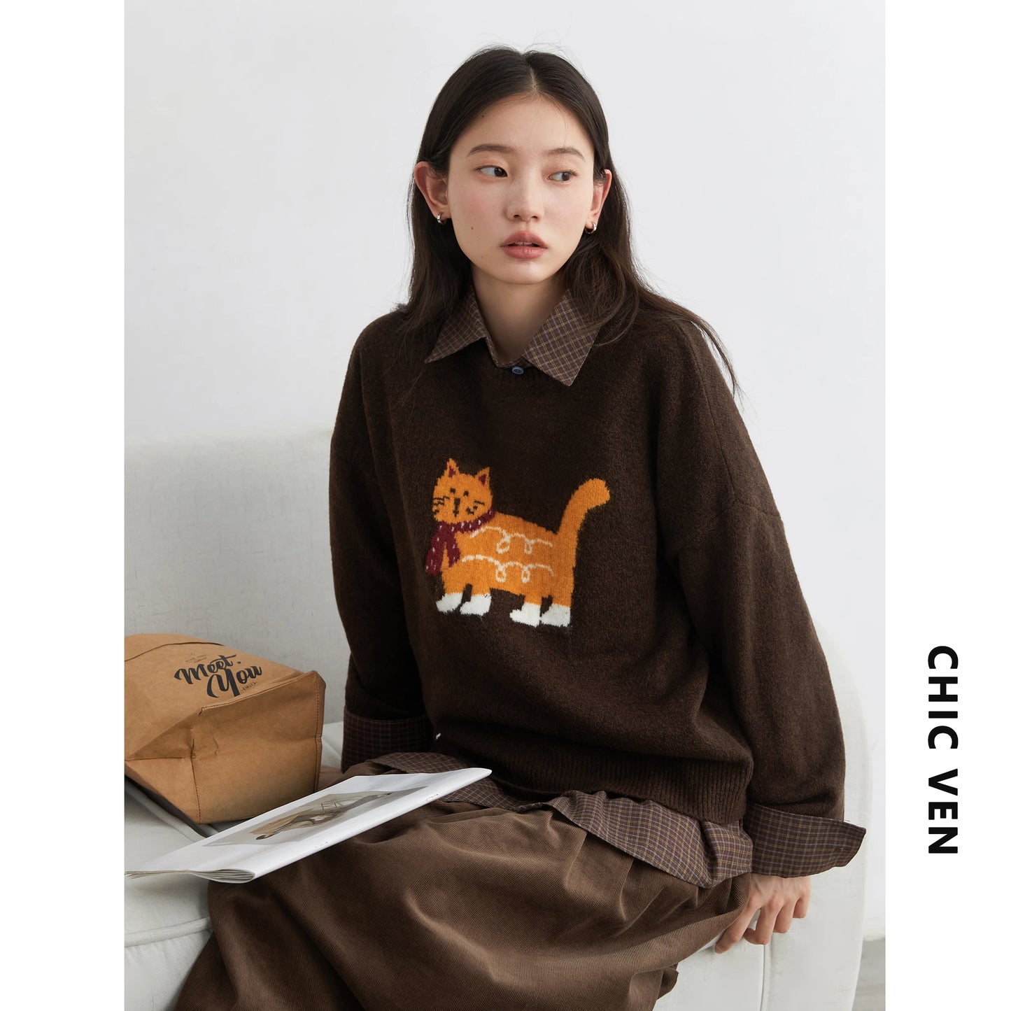 CHIC VEN New Women Sweaters Loose Casual O Neck Cartoon Cat Female Knitted Jumpers Pullovers for Girl Autumn Winter 2025
