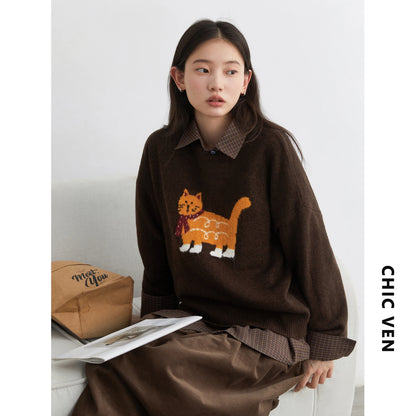 CHIC VEN New Women Sweaters Loose Casual O Neck Cartoon Cat Female Knitted Jumpers Pullovers for Girl Autumn Winter 2025