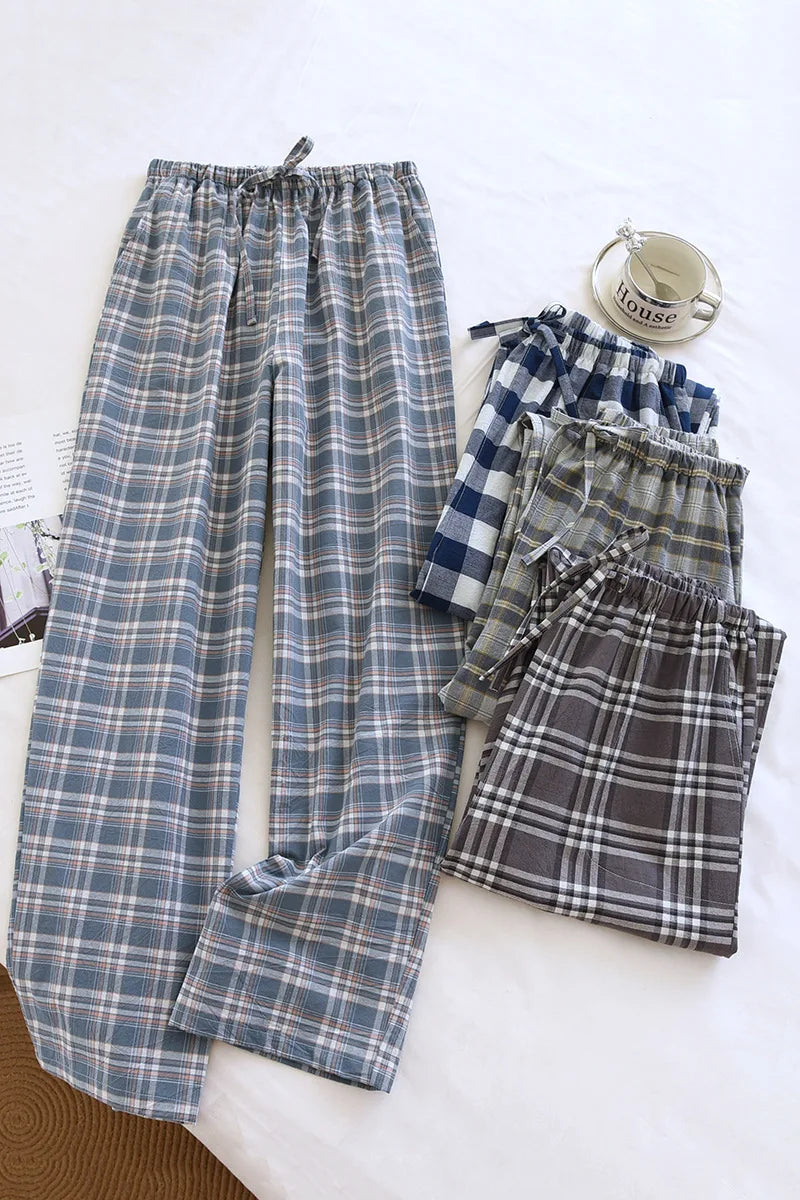 2026 New Spring and Autumn Men's Sleeper Pants 100% Cotton Gauze Japanese Checkered Pants Elastic Waist Home Pants Sleepwear