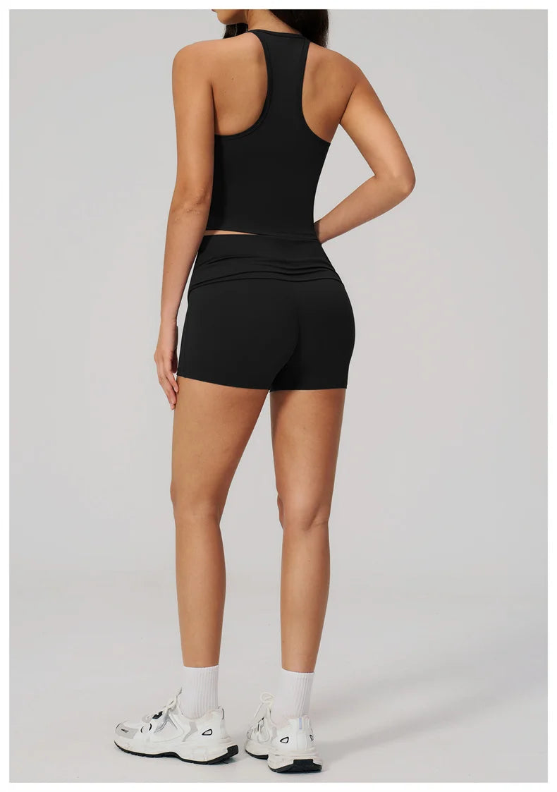 TRY TO BN Two Pieces Women's Tracksuit Vest Sling Top Set Fold-over Waist Yoga Shorts Hip Lifting Running Fitness Gym Activewear