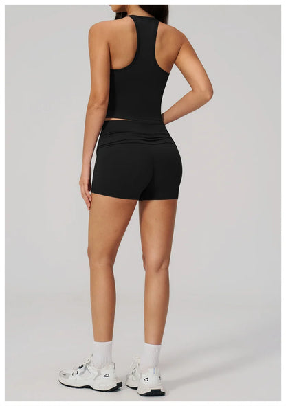 TRY TO BN Two Pieces Women's Tracksuit Vest Sling Top Set Fold-over Waist Yoga Shorts Hip Lifting Running Fitness Gym Activewear