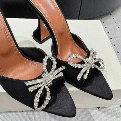 New Bow Rhinestone High-heeled Sandals Sexy Open-toed Fish Mouth Pointed Rear Empty Cool Slippers Women