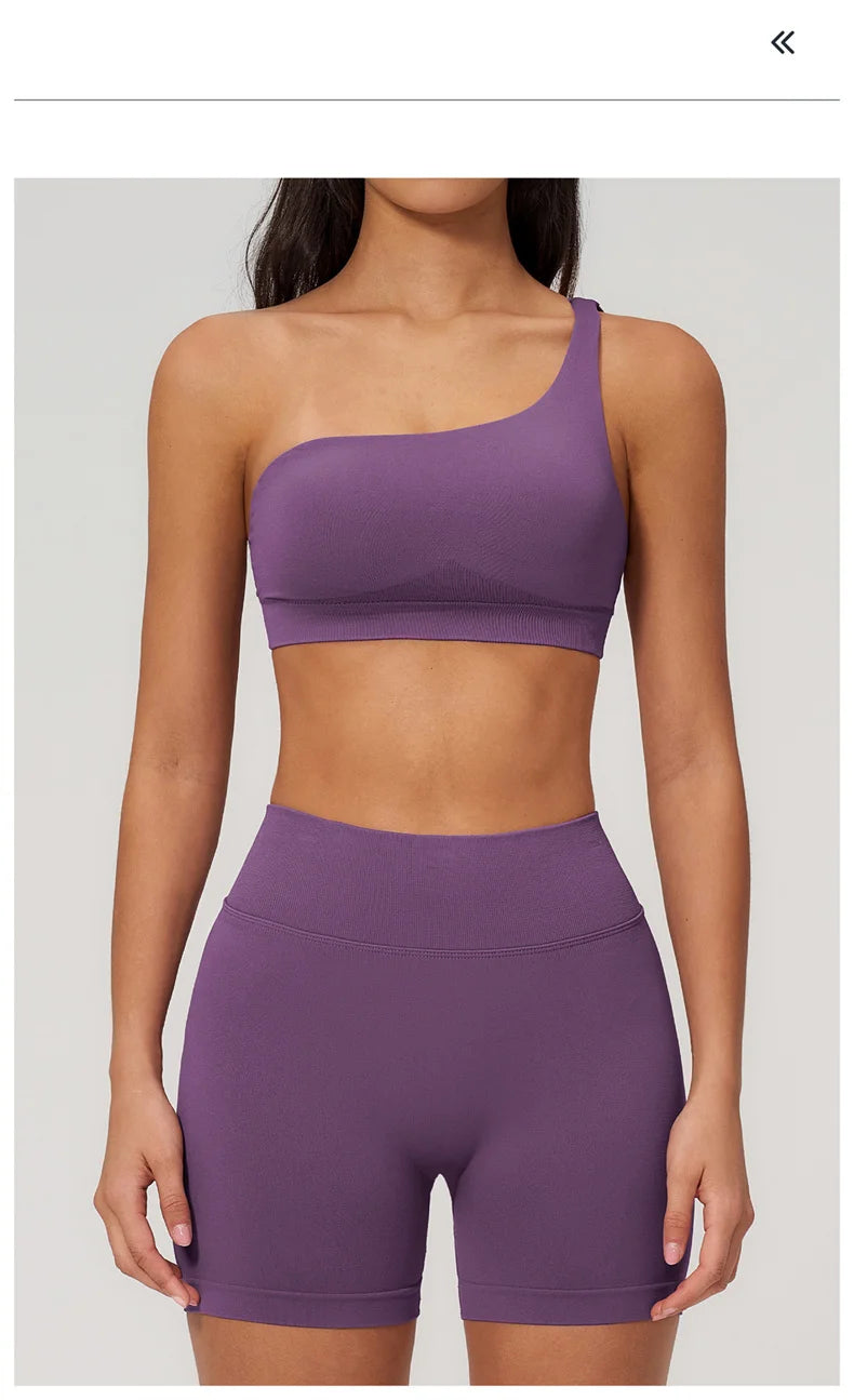 TRY TO BN Seamless Two Pieces Women's Tracksuit Yoga Shorts Set One-shoulder Hollow Backless Fitness Running Workout Gym Clothes