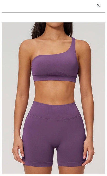 TRY TO BN Seamless Two Pieces Women's Tracksuit Yoga Shorts Set One-shoulder Hollow Backless Fitness Running Workout Gym Clothes