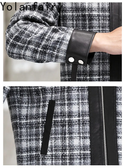 YOLANFAIRY Plaid Wool Spliced Genuine Sheepskin Jacket for Man Spring Autumn Short Woolen Coat Turn Down Collar abrigo hombre