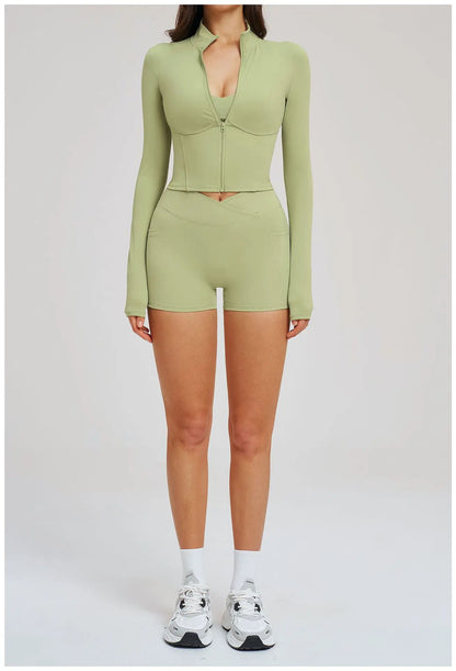2PCS Yoga Suit Women's Tracksuit Gym Clothing Sportswear Female Workout Long Sleeve Sports Suit High Waist Cycling Shorts Set