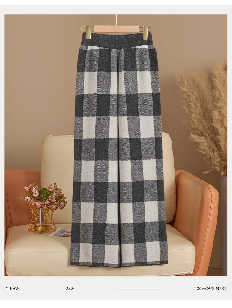 DjzDsm Autumn and Winter New Women's 100% Merino Wool Thickened High Waist Knitted Wide Leg Pants Four Flat Casual Plaid Pants