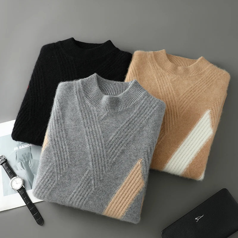 2025 Winter New Product Launch Men's Round Neck Jacquard Cashmere Knit Pullover 100% Pure Wool Men's Sweater Casual Thick Warm