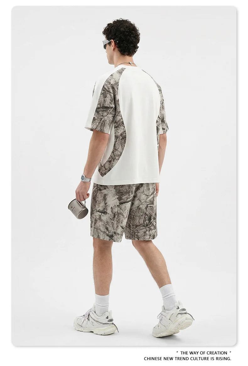 Custom LOGO men's summer camouflage splicing 240G quick-drying cotton polyester short-sleeved T-shirt loose sports shorts set