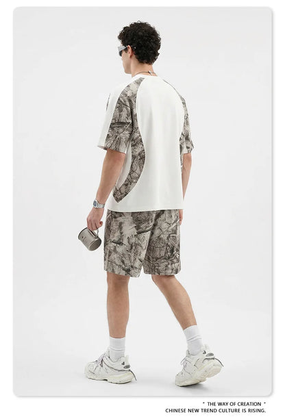 Custom LOGO men's summer camouflage splicing 240G quick-drying cotton polyester short-sleeved T-shirt loose sports shorts set
