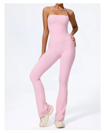 New Summer Women Sleeveless Hang Neck Jumpsuit Backless Flared Activewear Female Yoga Clothes Sport Outfit For Woman Overalls