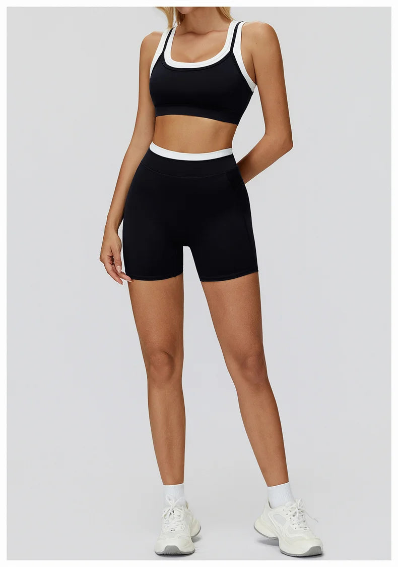 TRY TO BN Yoga Shorts Sets Women's Tracksuit Two Fake Pieces Sports Ribbed Contrasting Color Workout Running Fitness Gym Clothes