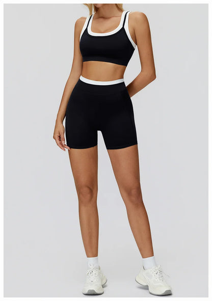 TRY TO BN Yoga Shorts Sets Women's Tracksuit Two Fake Pieces Sports Ribbed Contrasting Color Workout Running Fitness Gym Clothes
