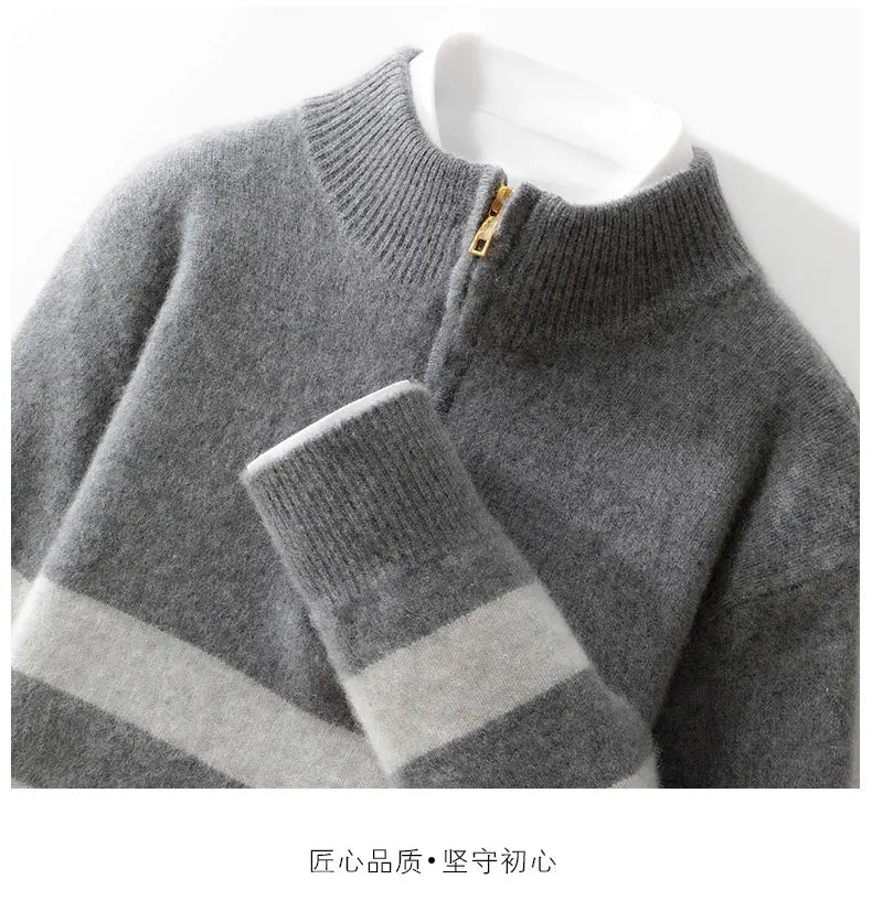 Men's 100% Merino Wool Sweater Half-high Collar Half Zip Thick Pullover Autumn Winter Cashmere Stripe Knitwear Long Sleeved Tops