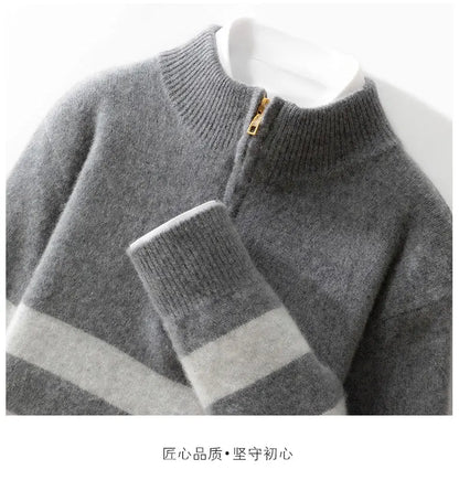 Men's 100% Merino Wool Sweater Half-high Collar Half Zip Thick Pullover Autumn Winter Cashmere Stripe Knitwear Long Sleeved Tops