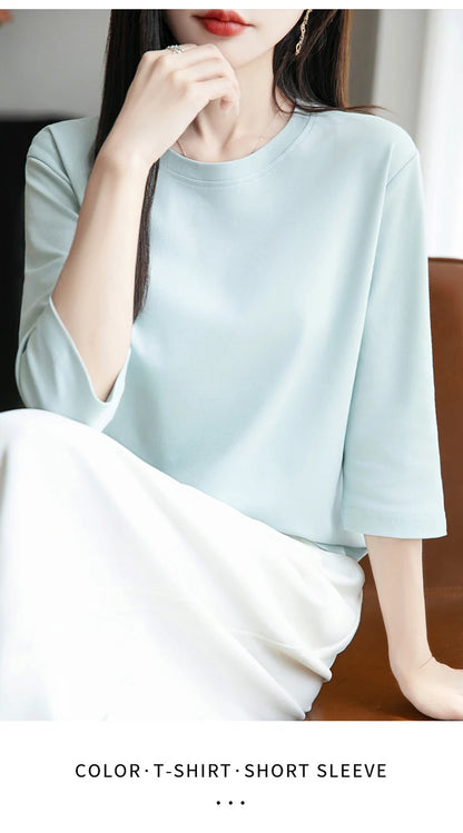 Spring And Summer New White Mercerized Cotton Short Sleeve T-Shirt Feminine Joker Cotton Cropped Sleeve Bottoming Shirt
