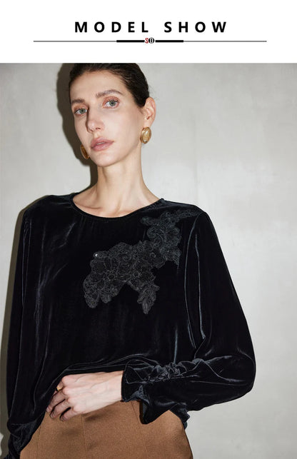 SuyaDream Women Black Blouses, 100%Silk Velour, Round Collar, Elegant Embriodery Velvet Shirts, 2026 Spring Summer Casual Top