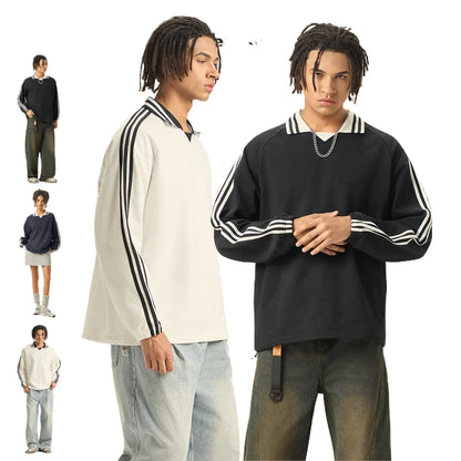 Custom LOGO men's American striped 100% cotton sweater 380G college style contrasting color lapel couple commuter sweater