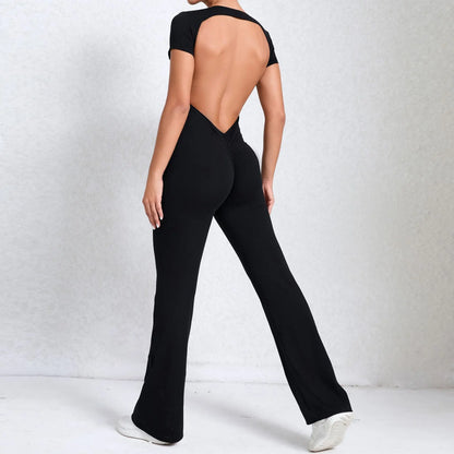 Women's Tracksuit Yoga Set Backless Jumpsuits Back V One Piece Fitness Rompers Short Sleeves Sportswear Gym Set Workout Clothes